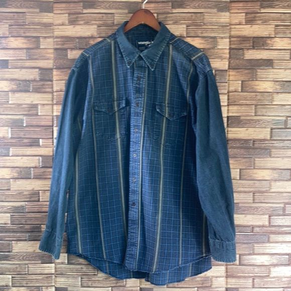 Vintage Wrangler Western Shirt Men 17.5 X Long Tails Plaid Denim Cowboy USA Made - Picture 1 of 11